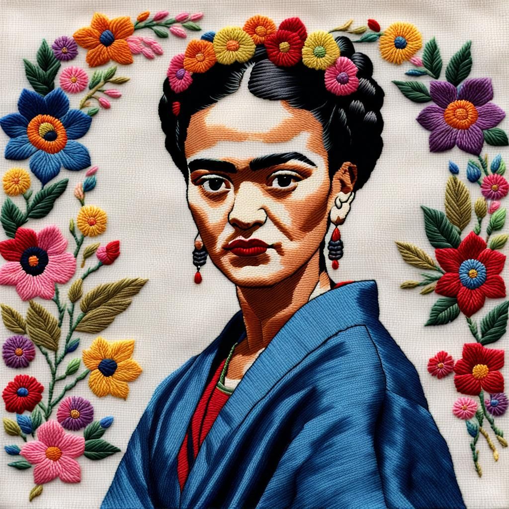 Colorful Realistic Frida Kahlo Embroidery Portrait