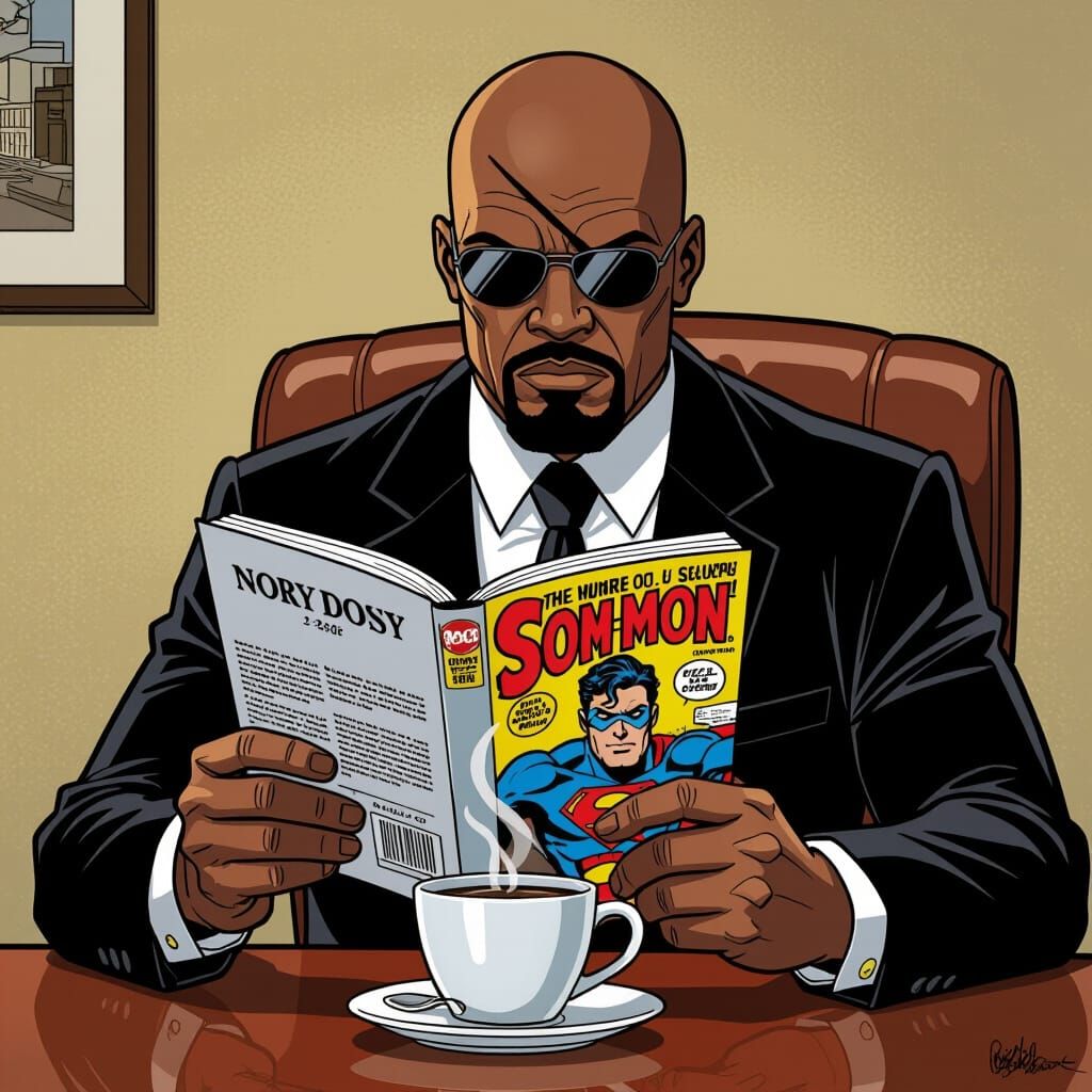 Nick Fury Enjoys Coffee While Reading DC Comics