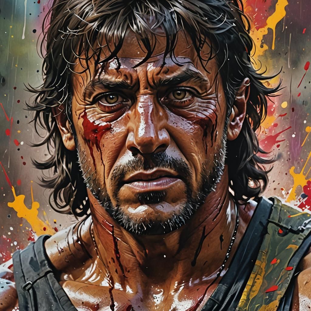 Hyperrealistic Rambo Splash Art Portrait