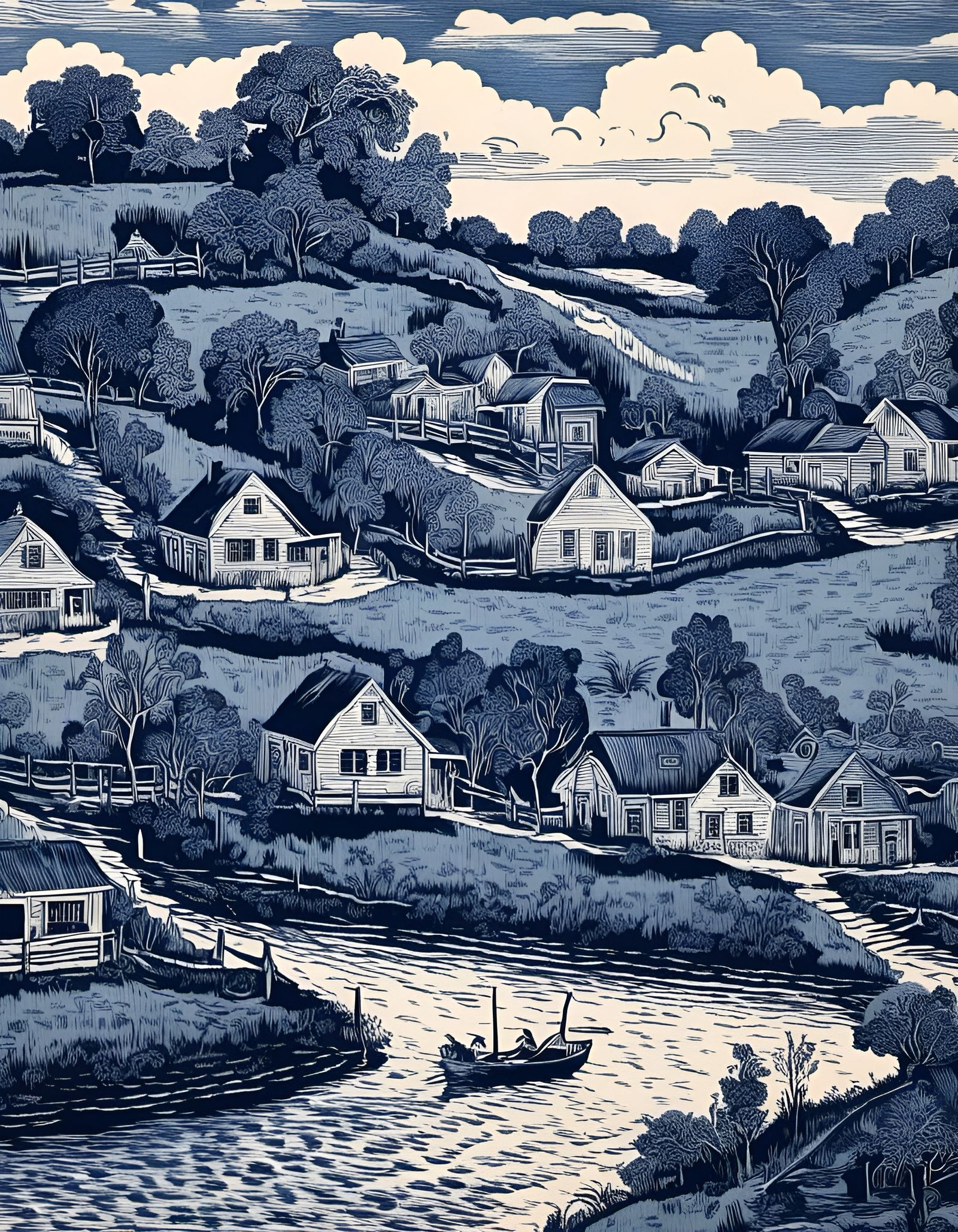 Charming Village Woodcut in Blue and White
