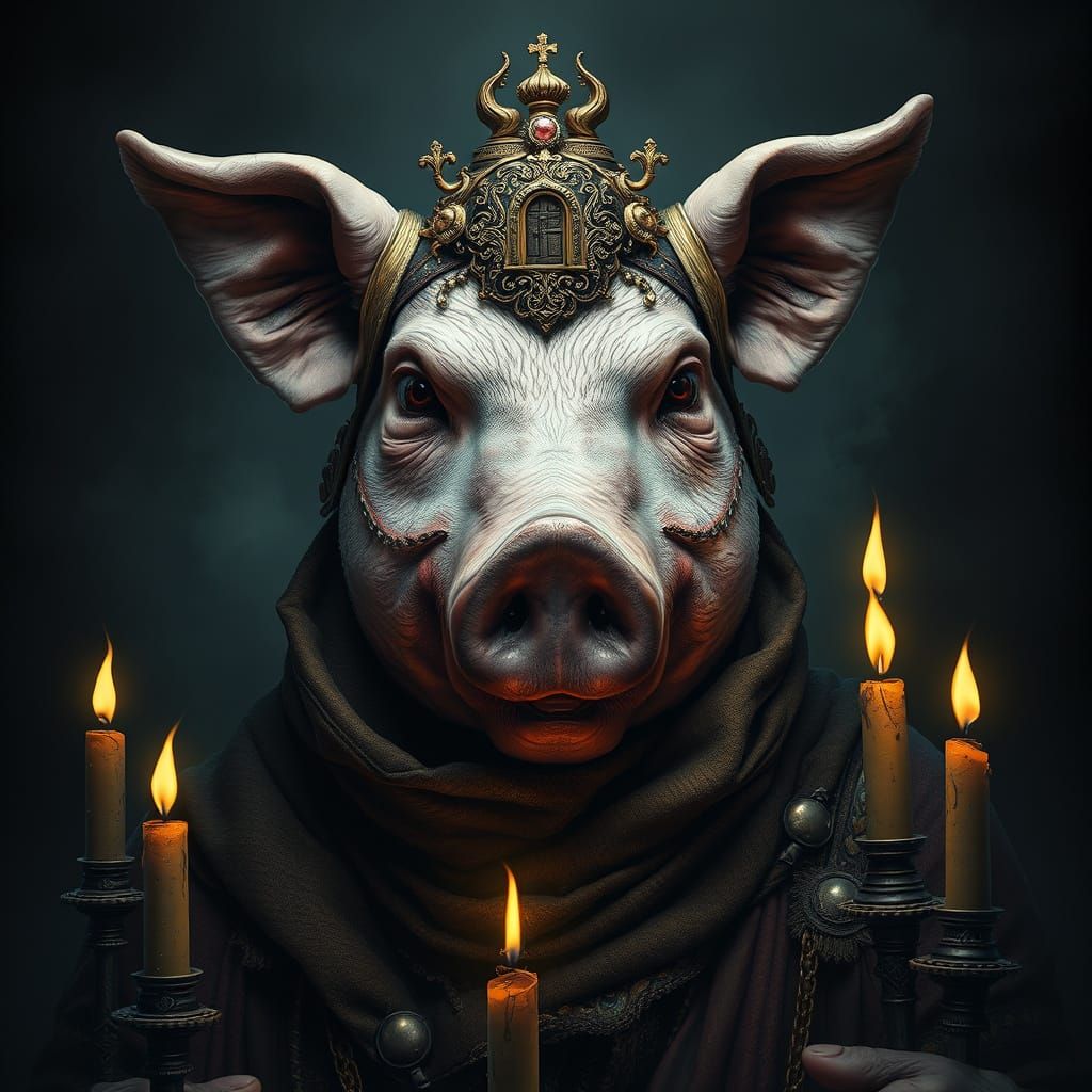 Mystical Pig-Man with Doorway, in Dark Fantasy Style