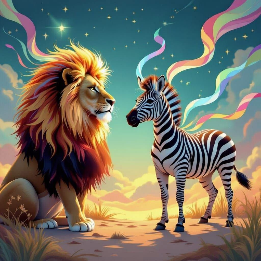 Lion and Zebra High-Five in Fantasy World