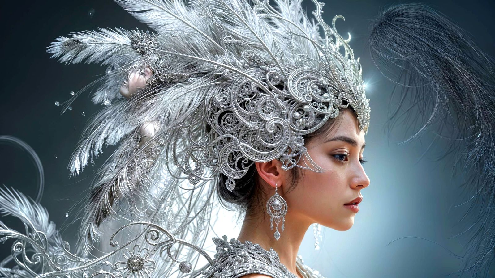 Detailed Woman in Feathered Headdress with Luminous Aura