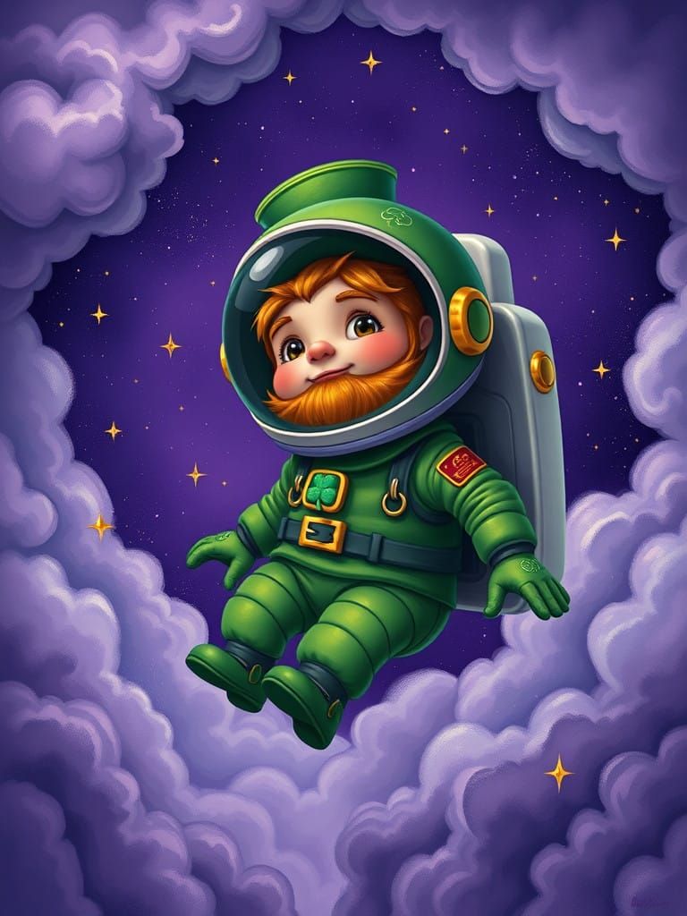 Whimsical Leprechaun Astronaut in Emerald Green Spacesuit