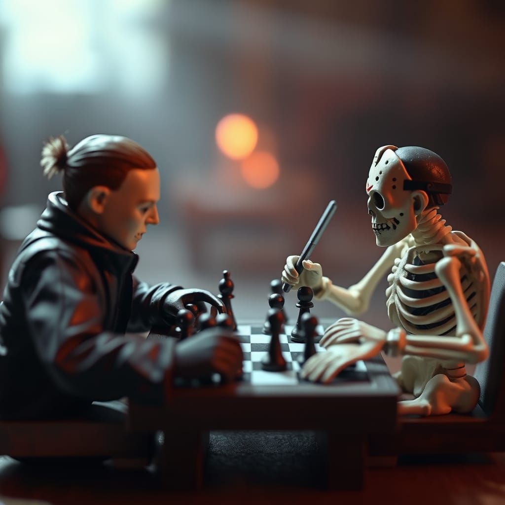 Miniature Michael Myers and Jason Playing Chess