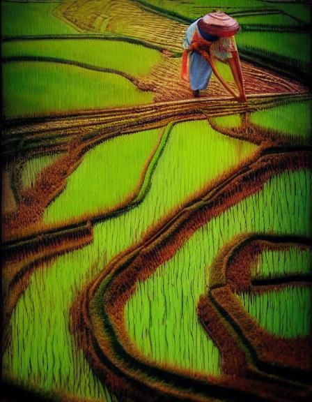 Surreal Hyperrealistic Rice Paddy Farming Concept Art