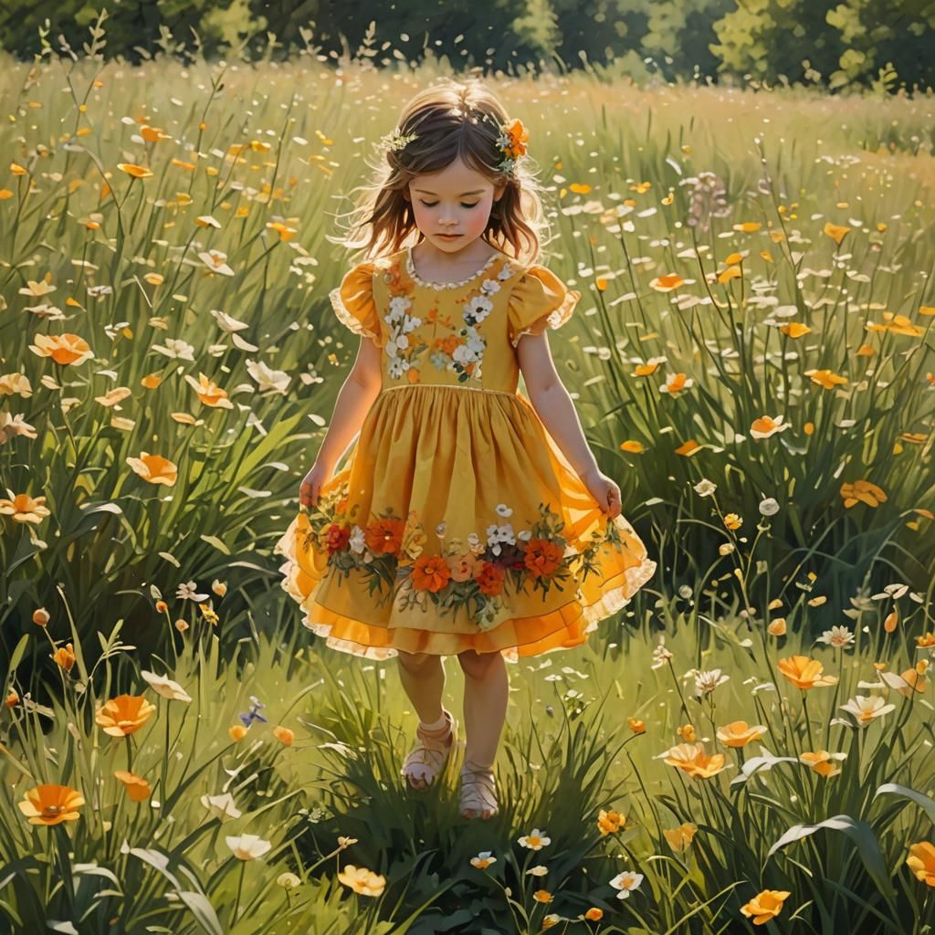 Whimsical Impressionist Portrait of a Young Girl in a Lush M...
