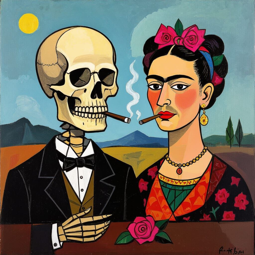 Monochrome Skull Smoking Cigar Among Roses