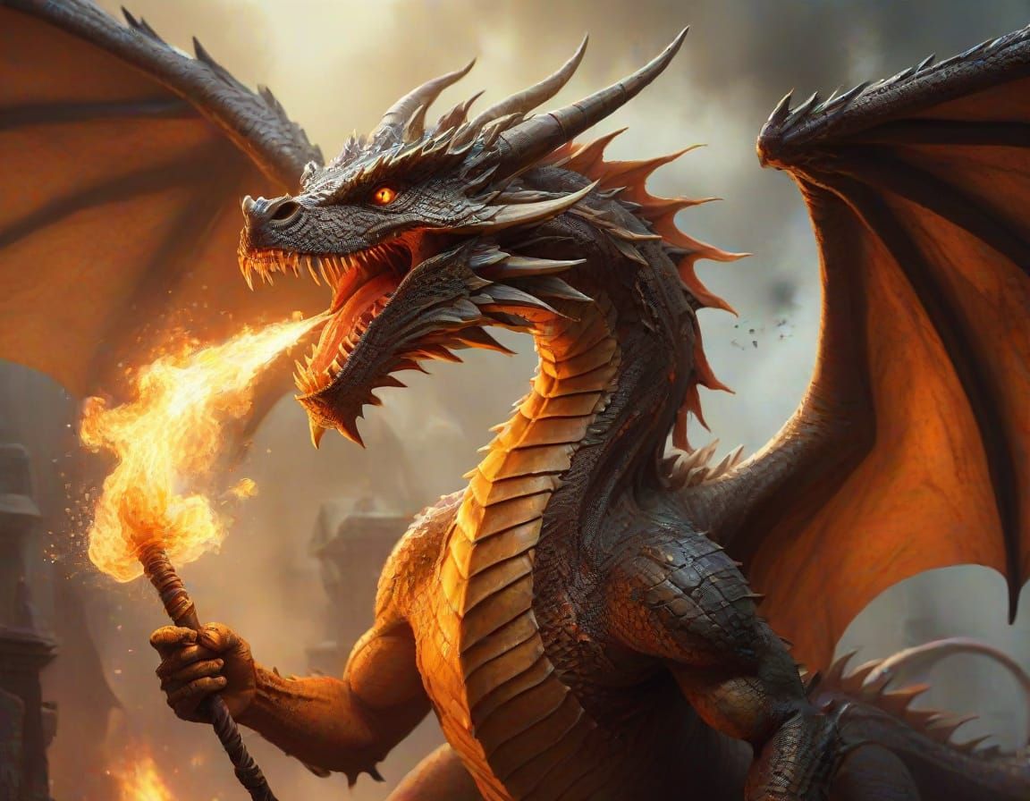 a fire breathing dragon holding a tiny fly on a leash