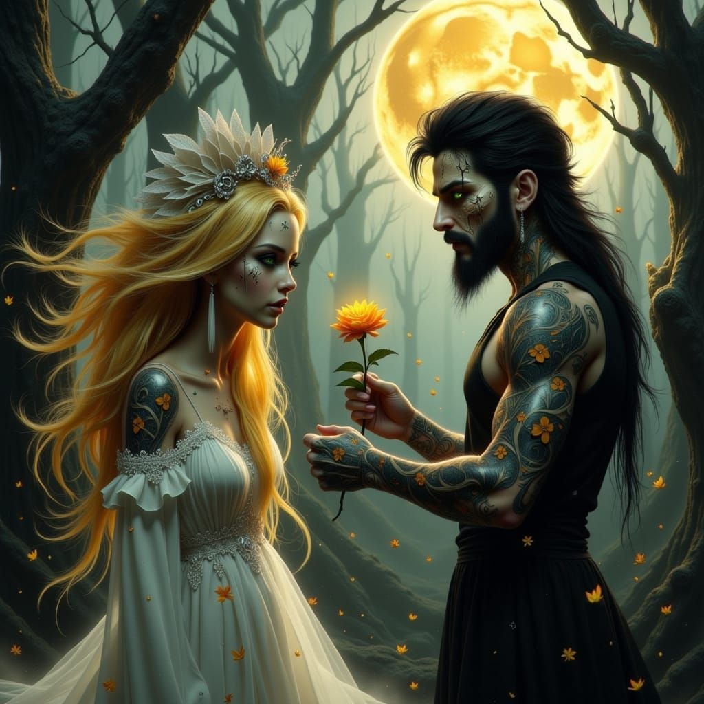Dark Fae Offers Withered Flower to Timid Woman in Haunting L...