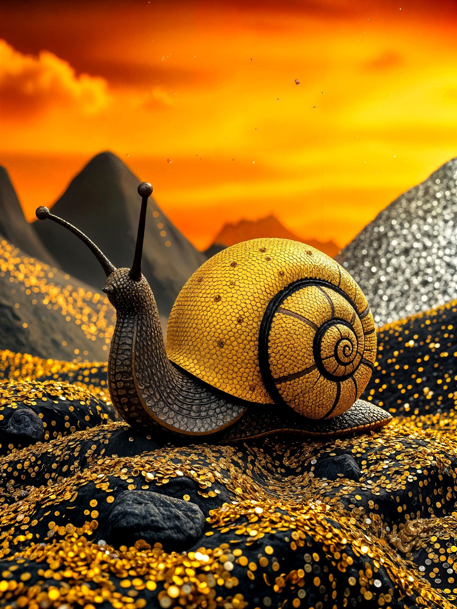 Glowing Snail in a Sparkling, Dark Fantastical Landscape