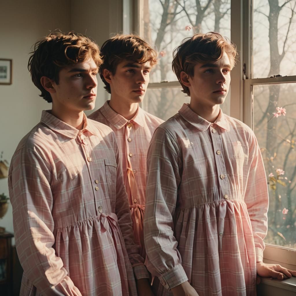 Boys in Pink Dresses Gaze Out Window: Film Still