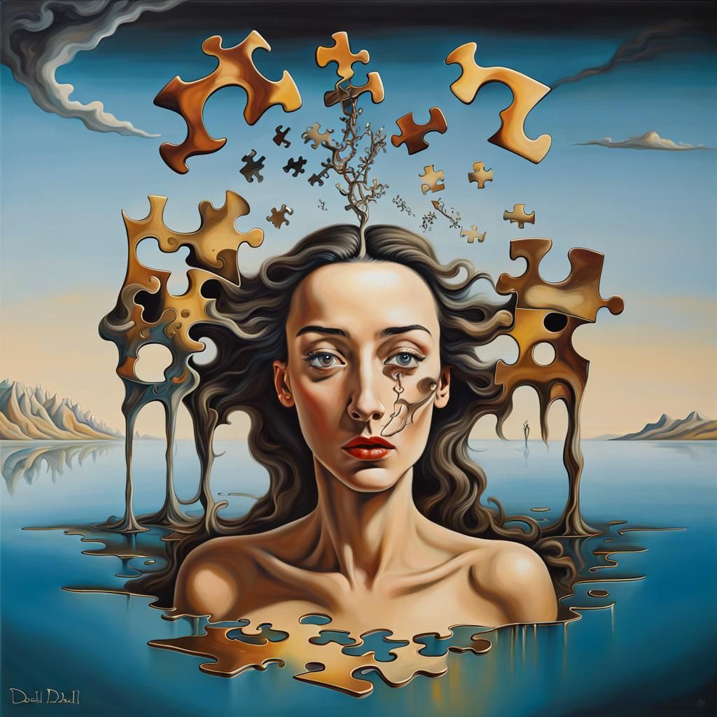 Mysterious Woman in a Surrealist Puzzle Landscape