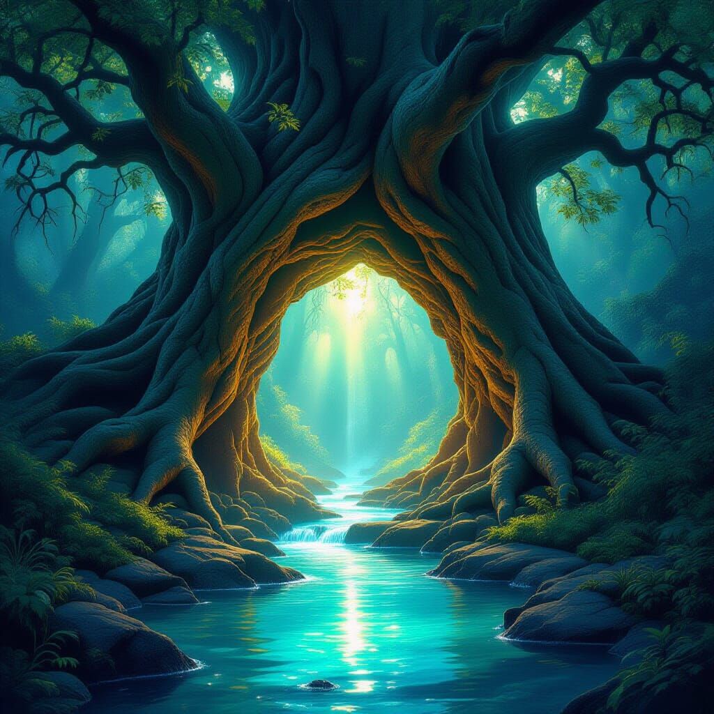 Magical Tree Tunnel with Flowing Stream