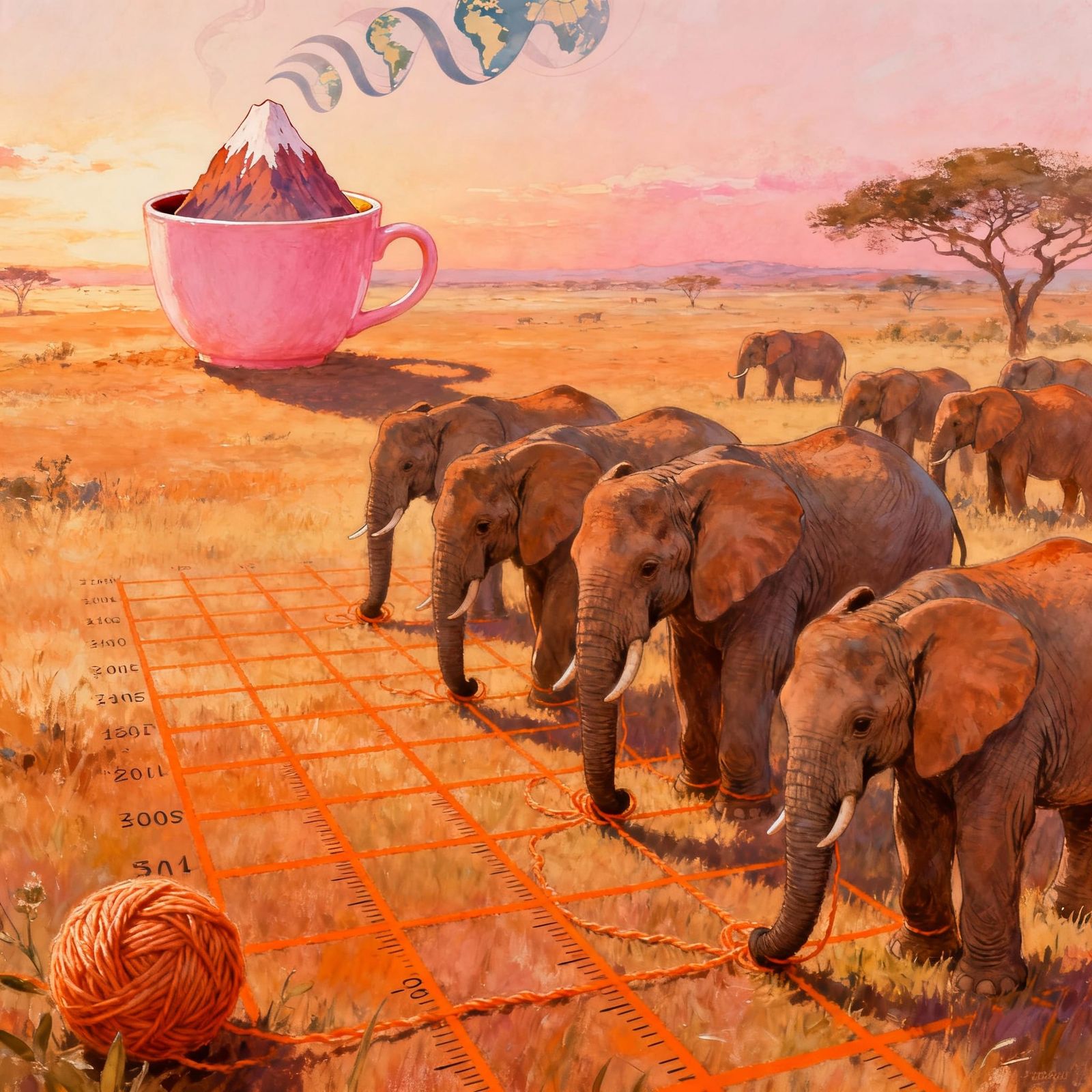 Elephant Herd on Gridded Savanna with Open Cup