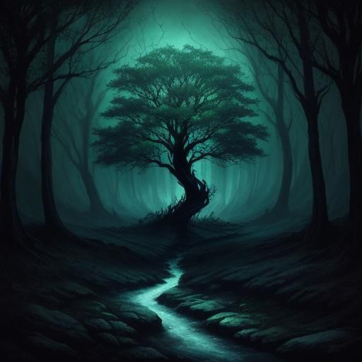 Ominous Tree in Dark Forest Painting