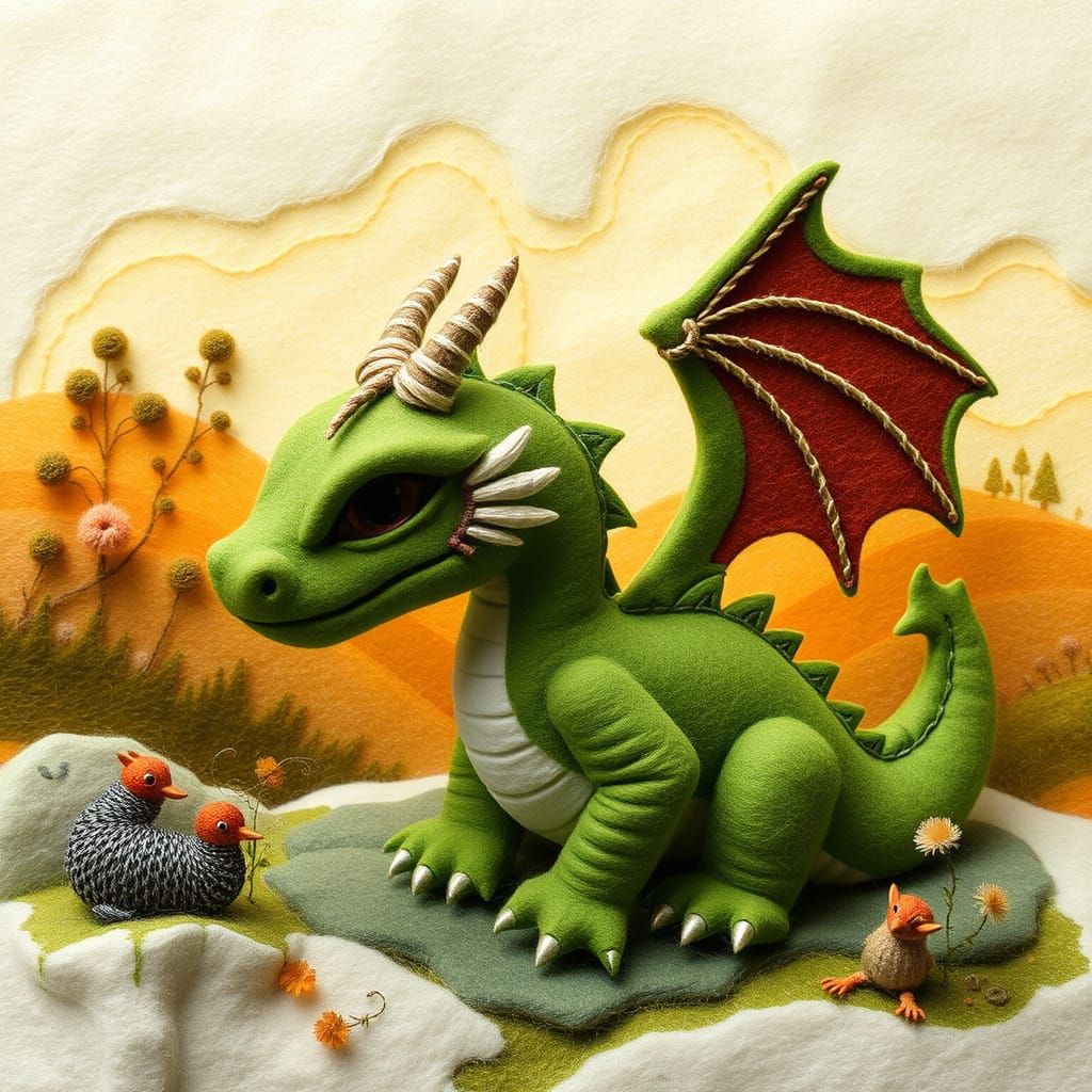 Whimsical Felt Dragon in Vibrant Moss-Green Hue