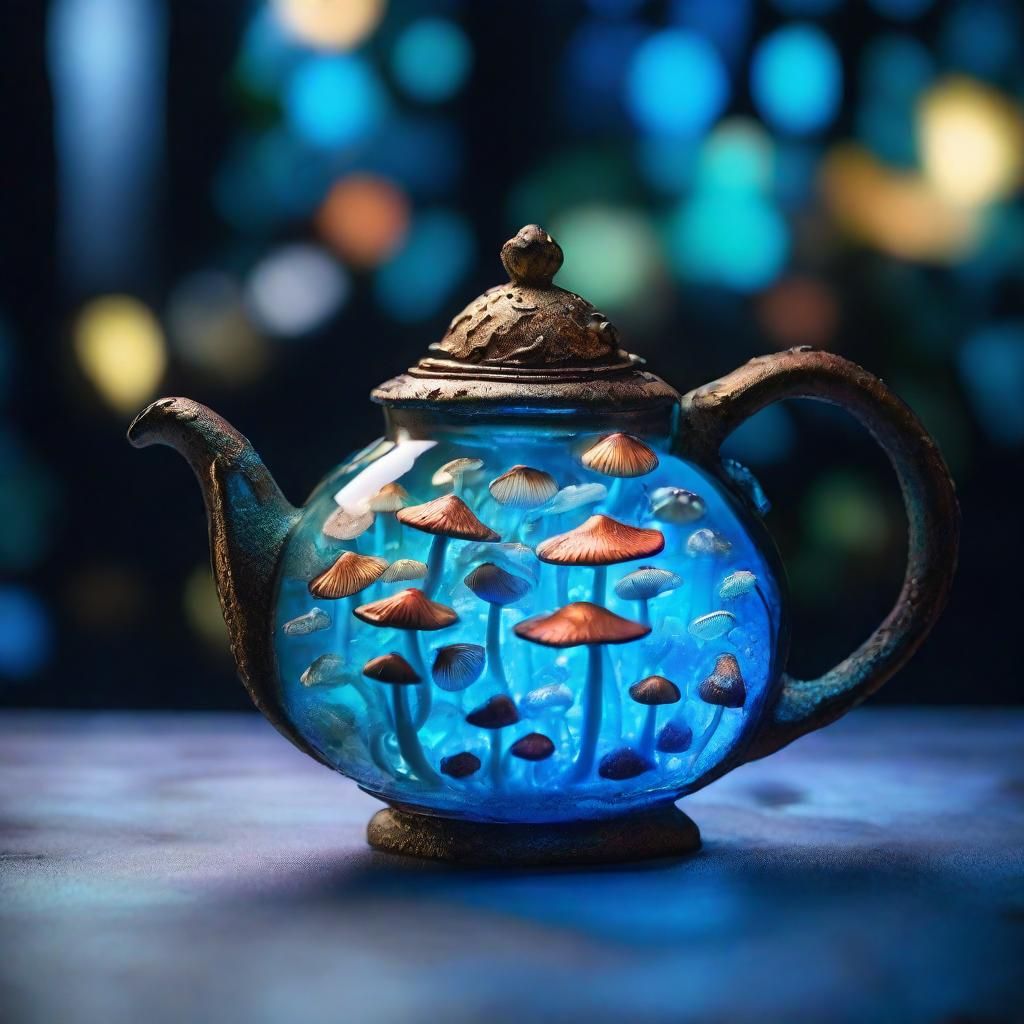 Surreal Stained Glass Teapot Amidst Glowing Mushrooms in a D...