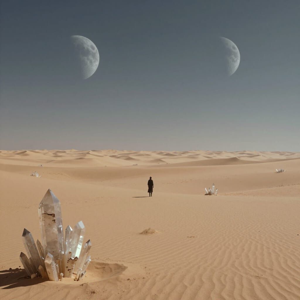 Lone Figure on Alien Desert Under Two Moons