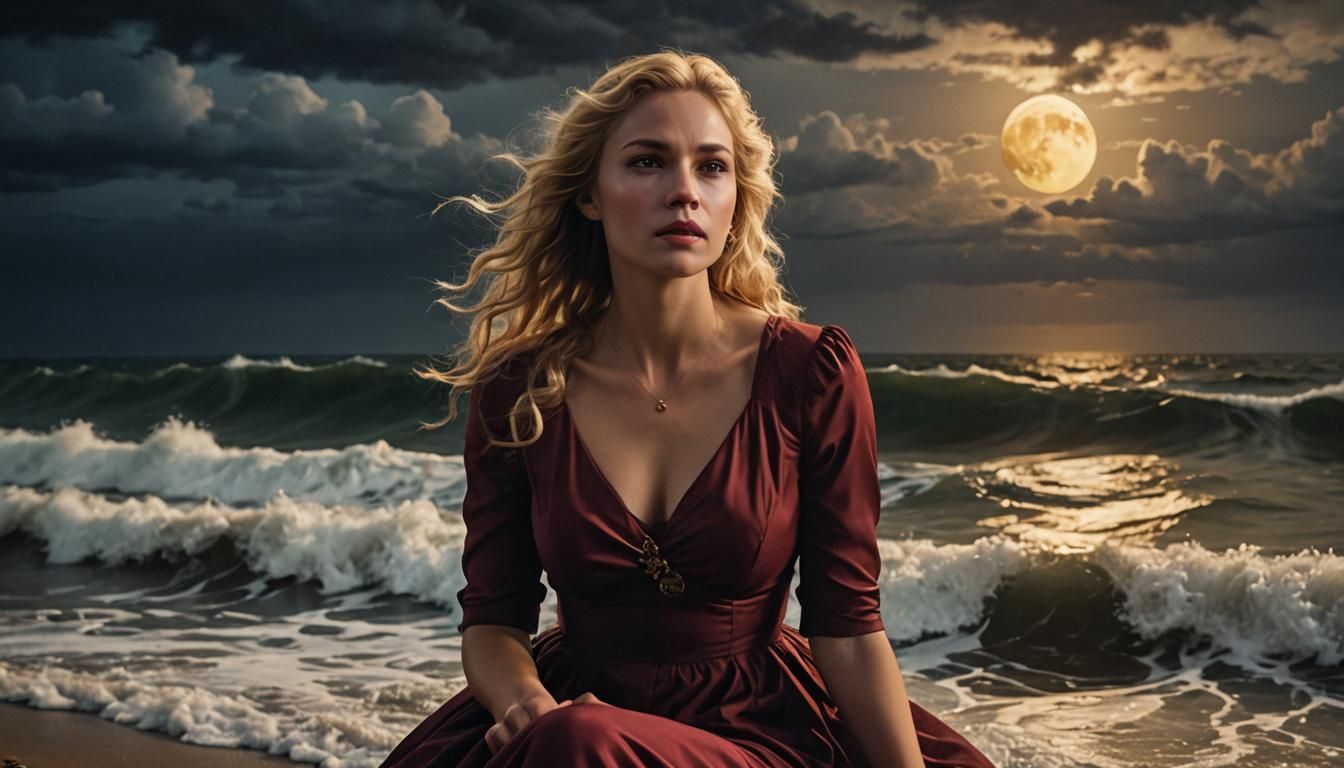 Woman on Stormy Shoreline in HDR Oil Painting