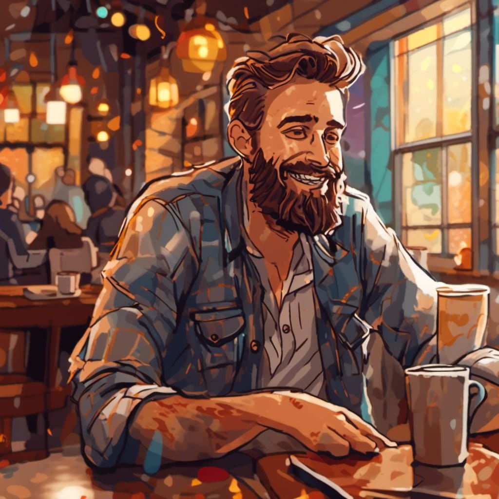 Warmly Smiling Man in Coffee Shop: Digital Art