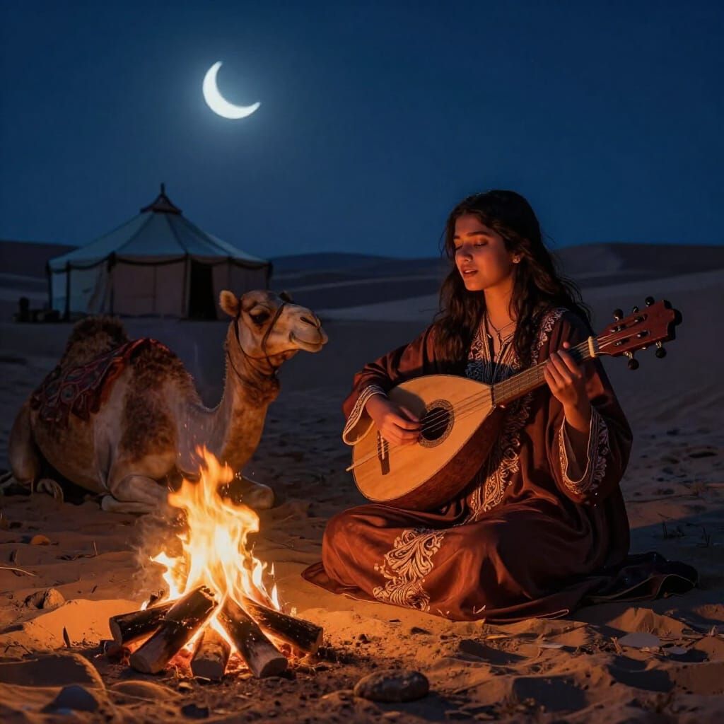 Arab Girl Sings by Desert Bonfire in Digital Painting Style