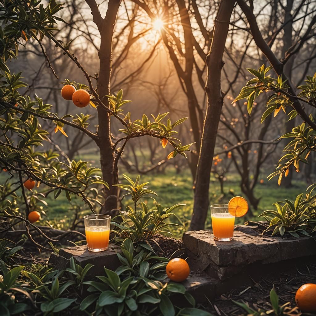 Hyperrealistic Orange Juice at Dawn in Spring Sun