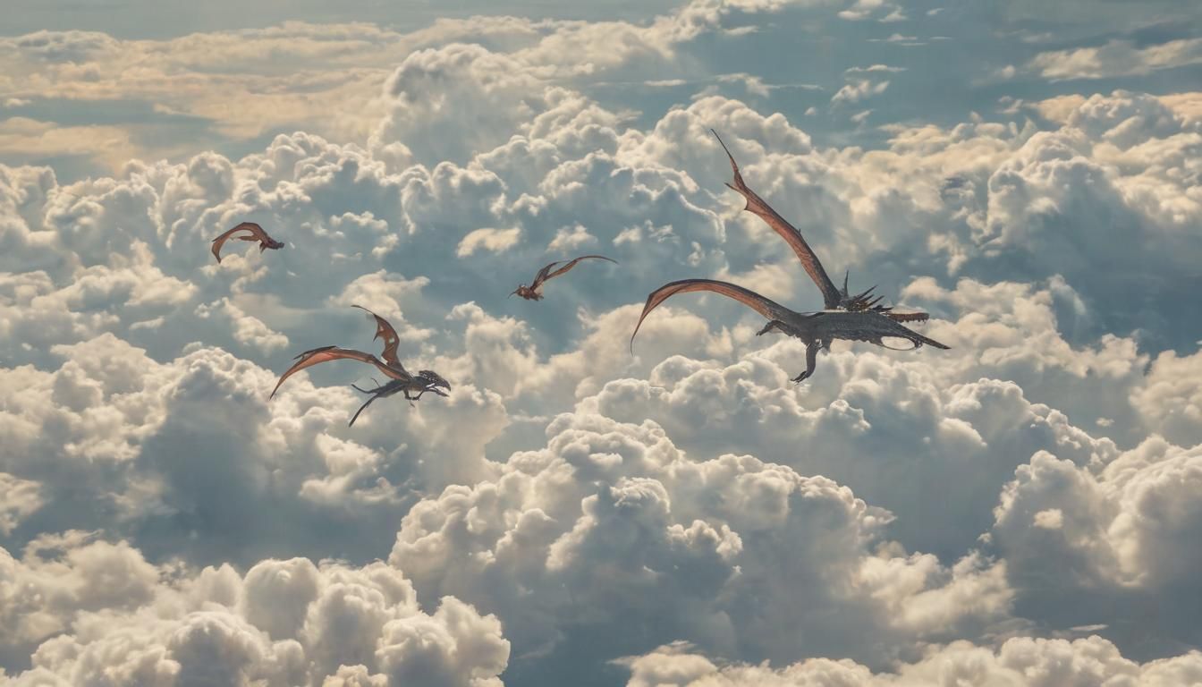 Ethereal Dragons Clash in Aerial Cloud Battle