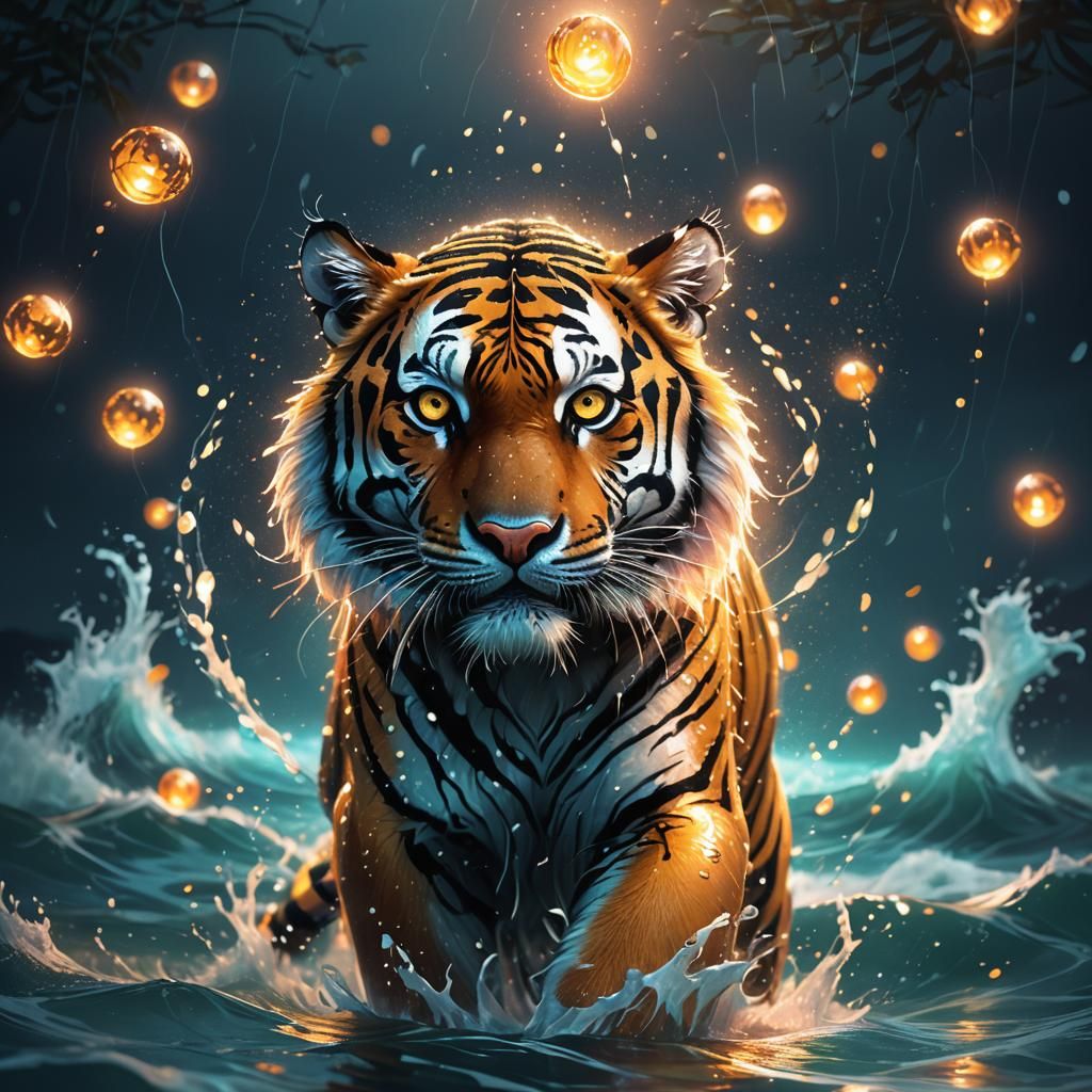 Neon Tiger in Ocean: Vibrant Digital Concept Art