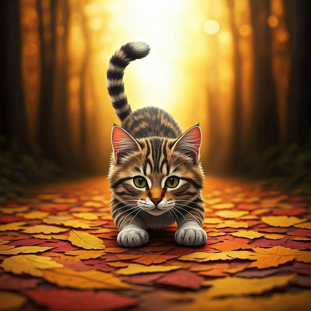 Paper Collage Cat Pouncing on Autumn Leaves