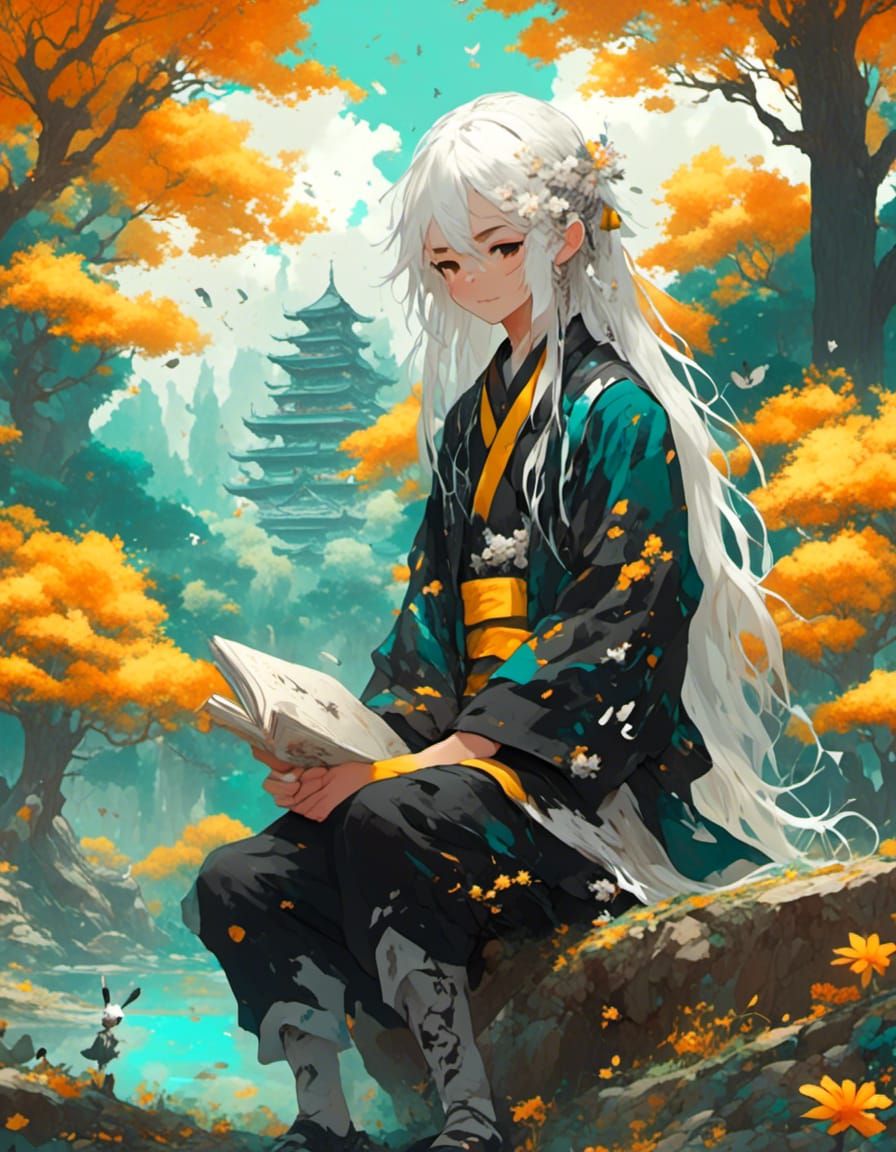 Boy with White Hair in Anime Manga Style