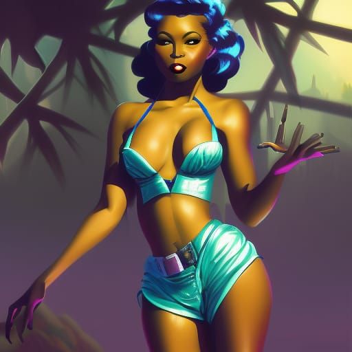 Synthwave Pin-Up Girl with Waterfall Backdrop