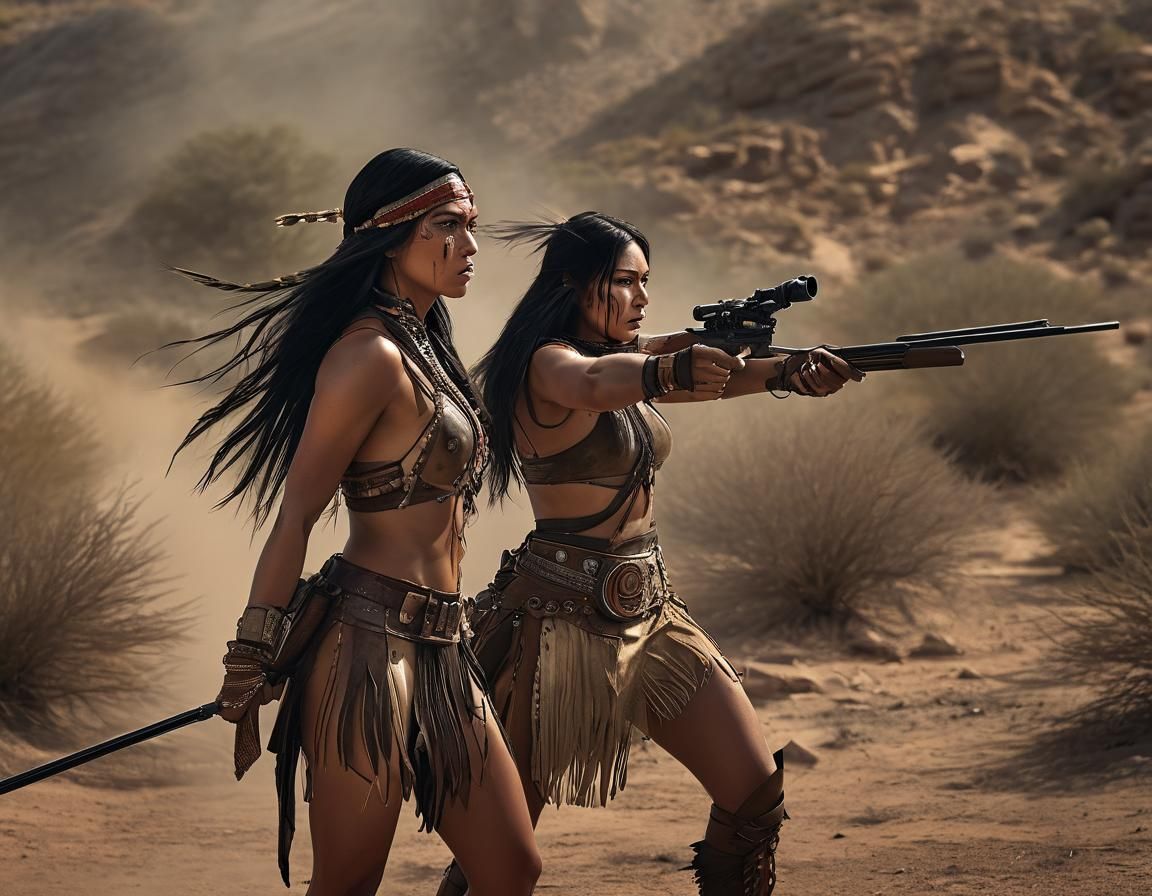 Native American Warriors in Futuristic Desert Battle