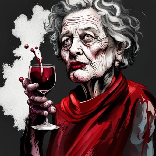 Zombie Old Woman Enjoys Red Wine