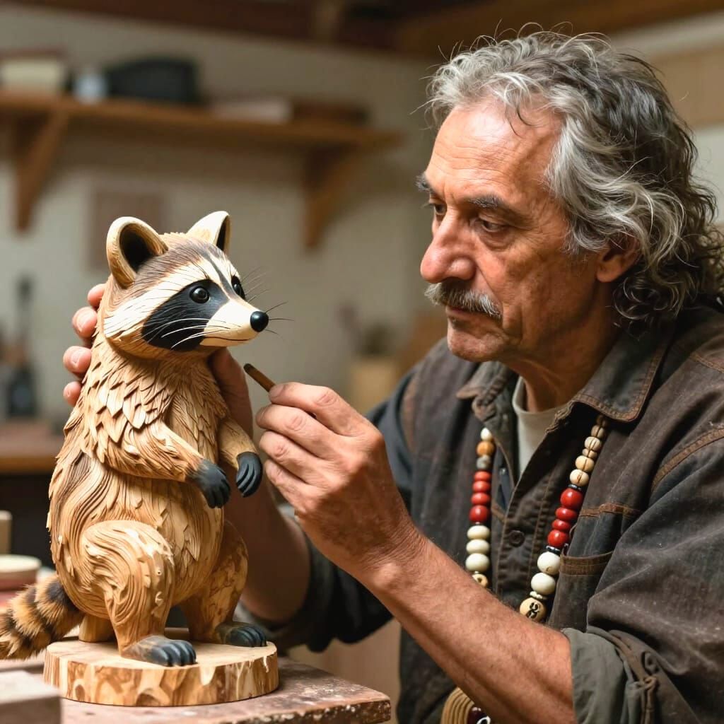 Navajo Woodcarver Creates Trickster Raccoon