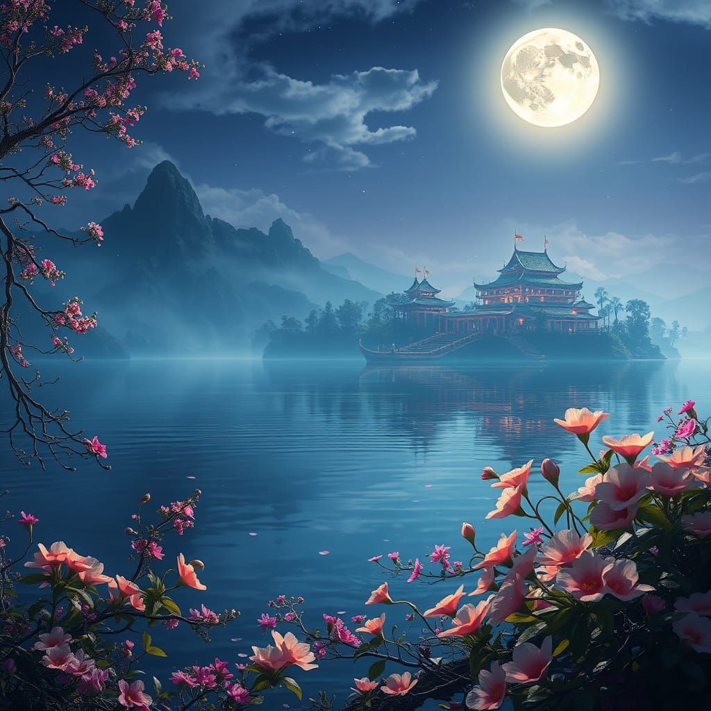 Moonlit Lake Oasis: Fantasy Matte Painting