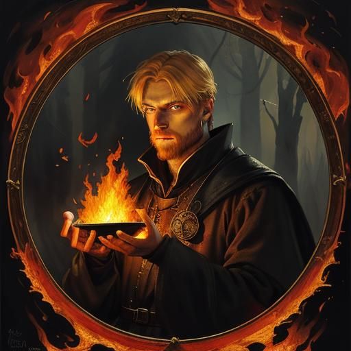 Portrait of Man Gazing into Fire with Reflection