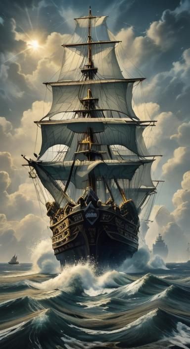 Sailing Ship Gliding Through Clouds in Sunlight