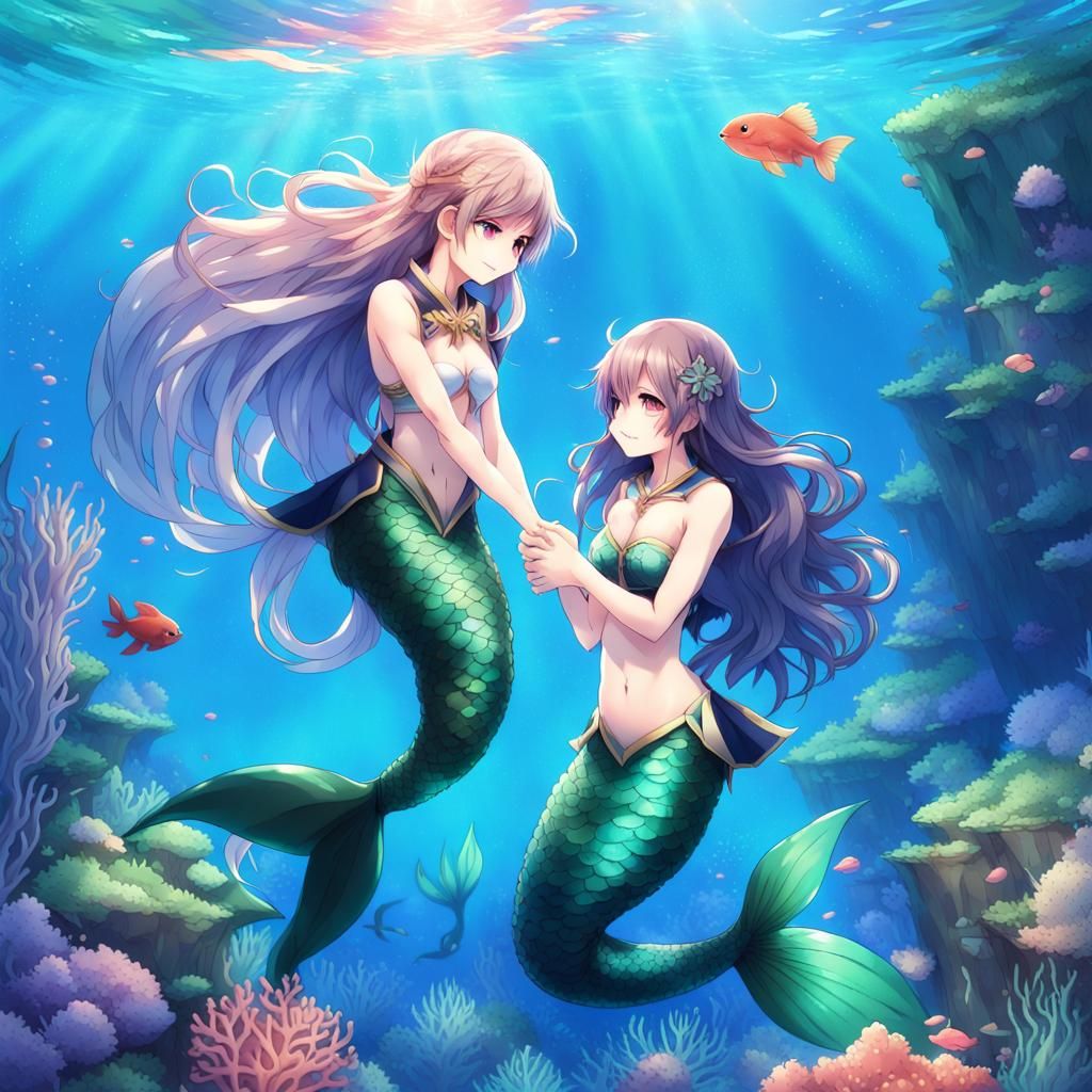 Anime Style Mermaid Couple in Underwater Kingdom