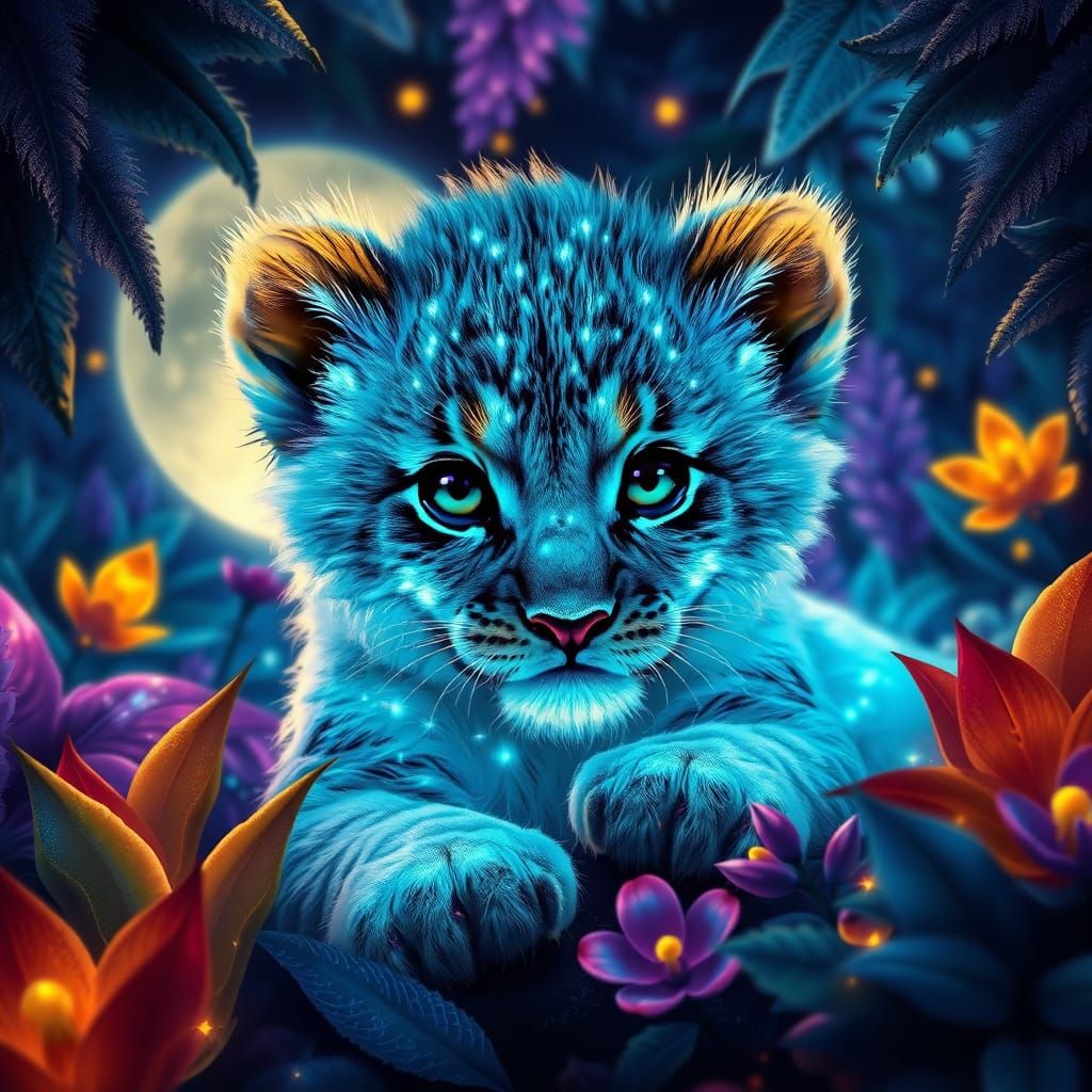 Bioluminescent Lion Cub in Moonlit Jungle, Fantasy Art