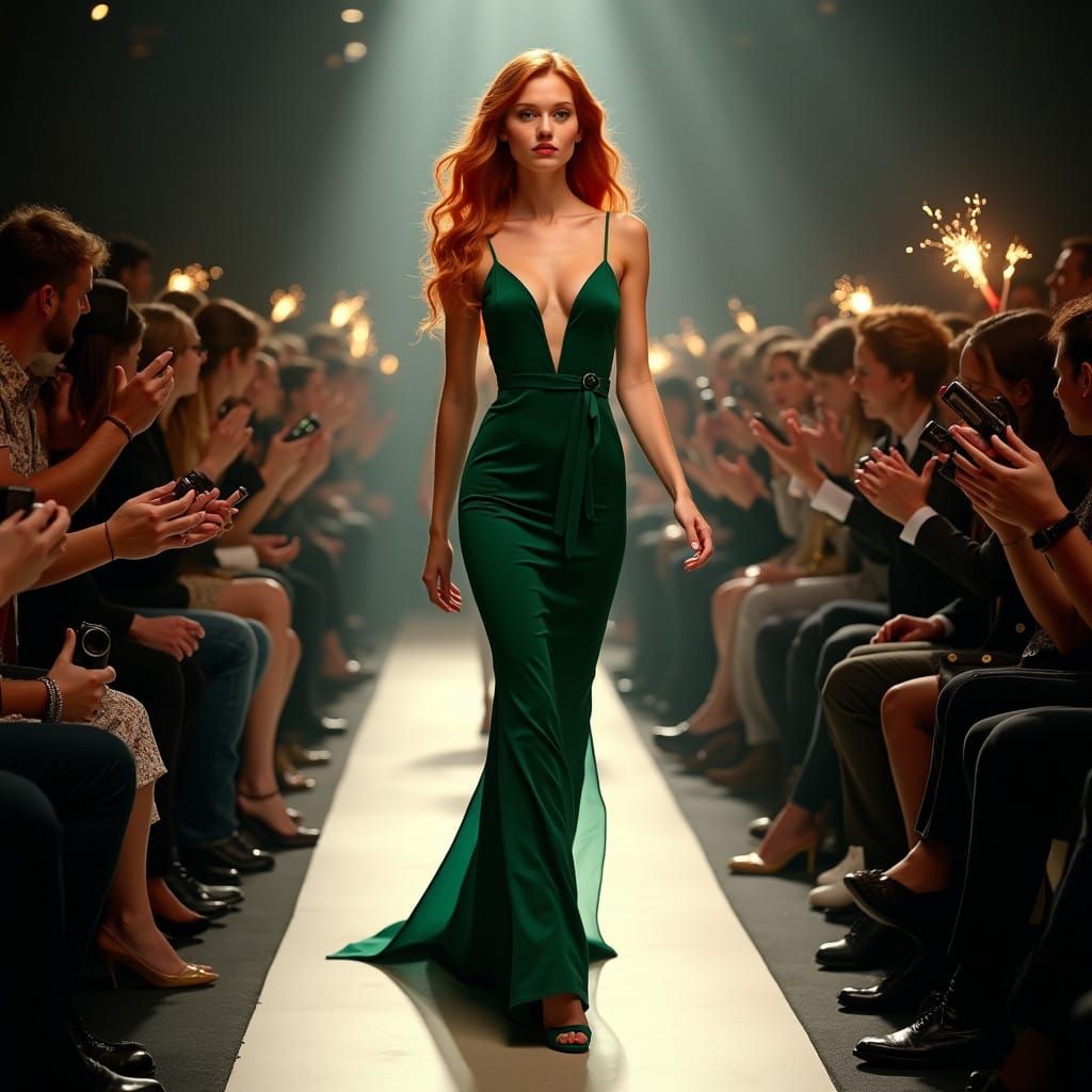 Ginger Model Struts Runway in Emerald Green Evening Gown