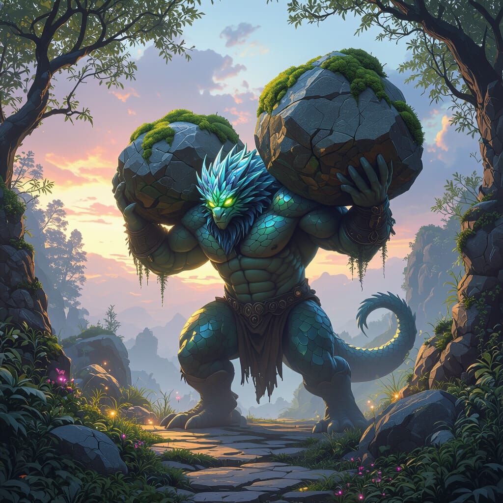 Mythical Creature Builds Enchanted Garden at Twilight