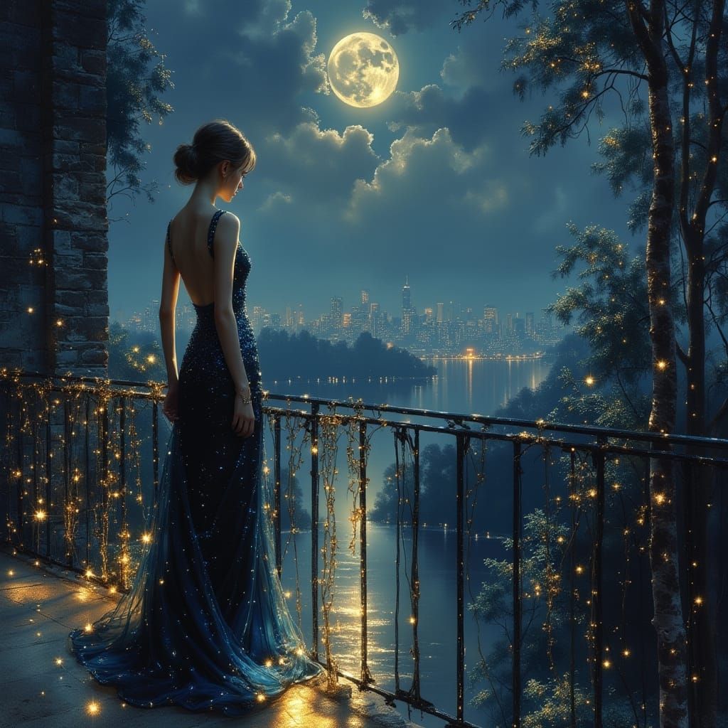 Woman on Balcony Overlooking Moonlit Cityscape in Painterly ...