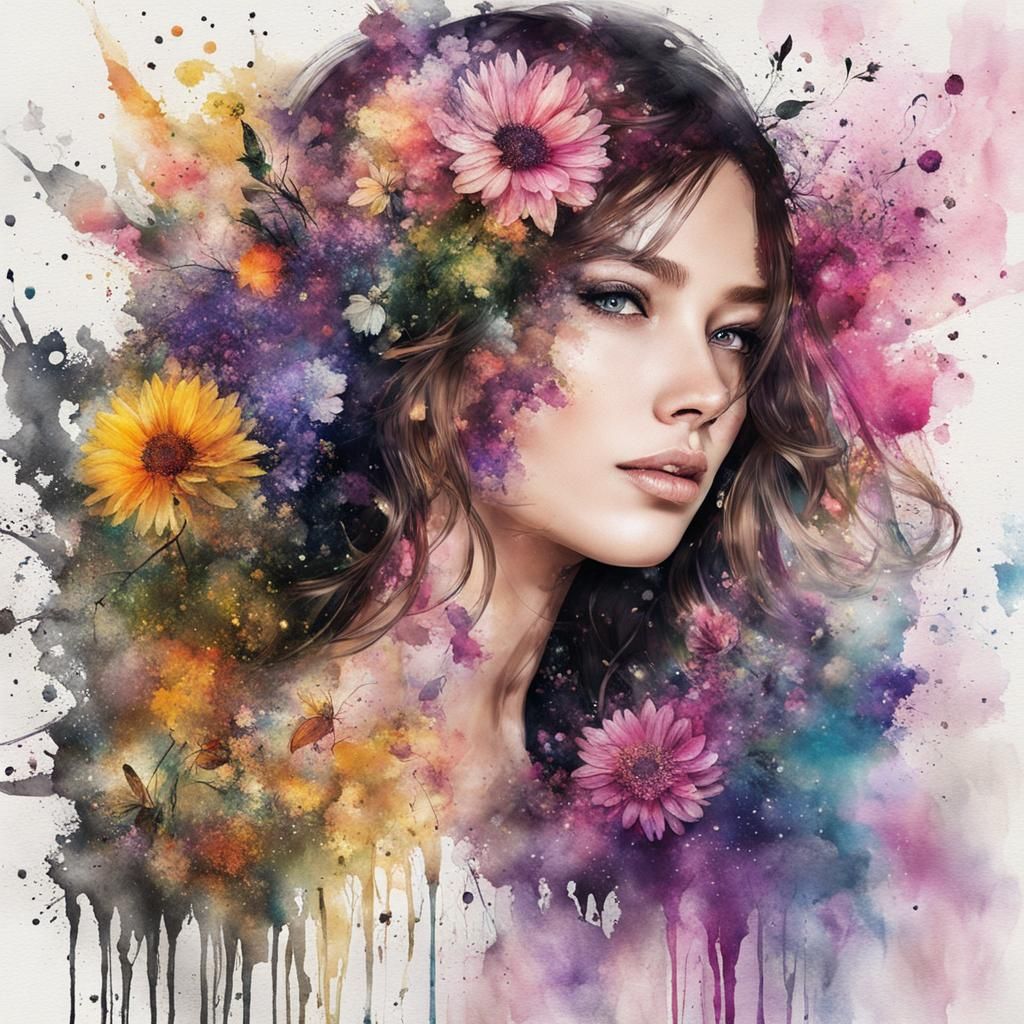 Ink Splatter Portrait of a Botanical Goddess