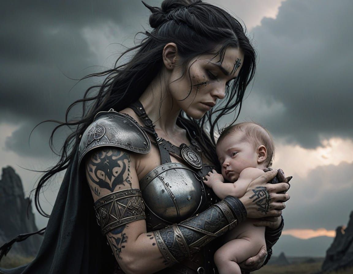 Viking Shieldmaiden with Robot, Alphonse Mucha Style