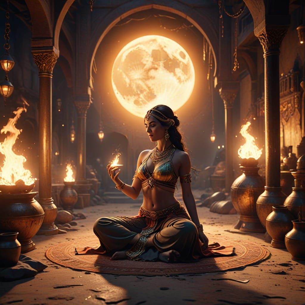 Exotic Belly Dancer in Desert Oasis at Night