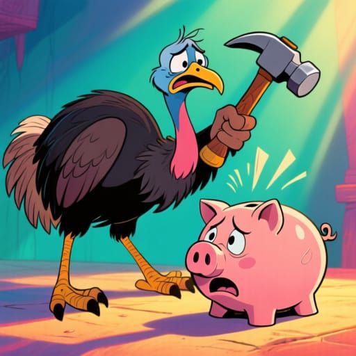 Worried Cassowary Threatens Piggy Bank in Cartoon Style
