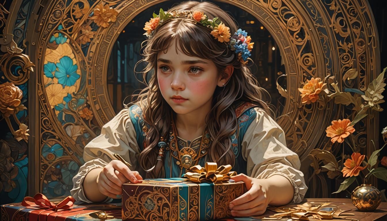 Girl Opens Gift Box: Detailed Matte Painting