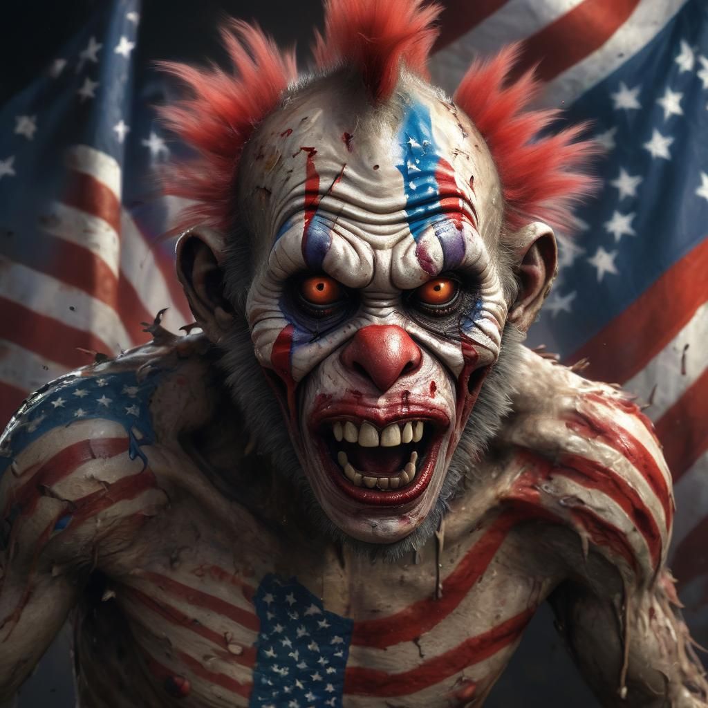 Grotesque Zombie Monkey Clown in Patriotic Splash Art