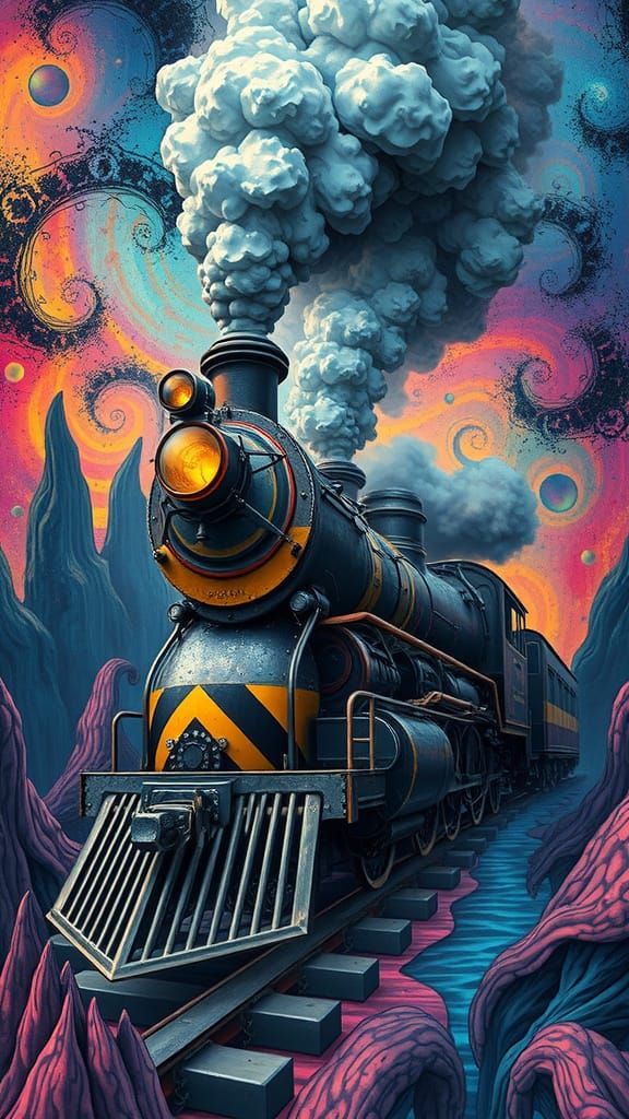 Distorted Steam Locomotive in Vibrant Dreamlike Landscape